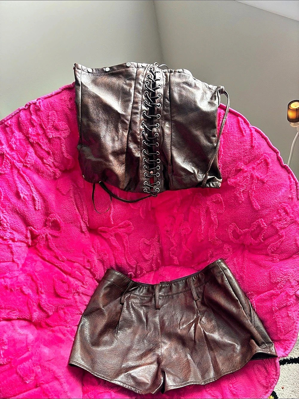 Faux Leather Crop Top & Shorts Set in Brown